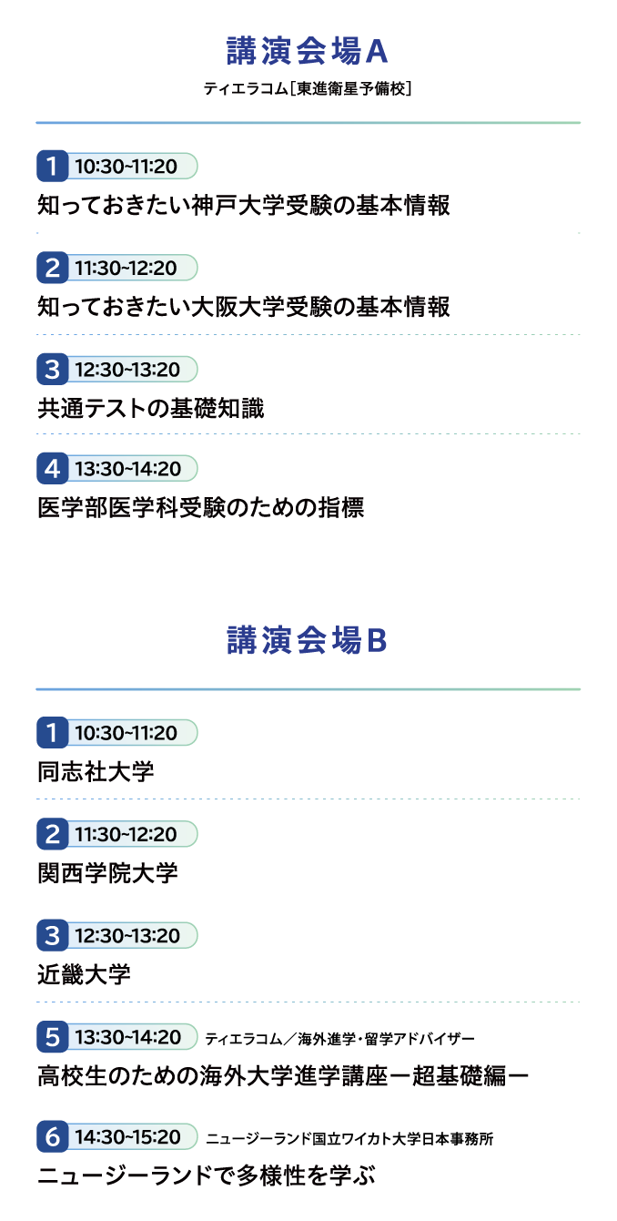 講演会場Ａ｜１０:３０～１１:２０ 知っておきたい神戸大学受験の基本情報 | １１:３０～１２:２０ 知っておきたい大阪大学受験の基本情報 | １２:３０～１３:２０ 共通テストの基礎知識 | １３:３０～１４:２０ 医学部医学科受験のための指標 | 講演会場Ｂ | １０:３０～１１:２０ 同志社大学 | １１:３０～１２:２０ 関西学院大学 | １２:３０～１３:２０ 近畿大学 | １３:３０～１４:２０ 高校生のための海外大学進学講座ー超基礎編ー | １４:３０～１５:２０ ニュージーランドで多様性を学ぶ